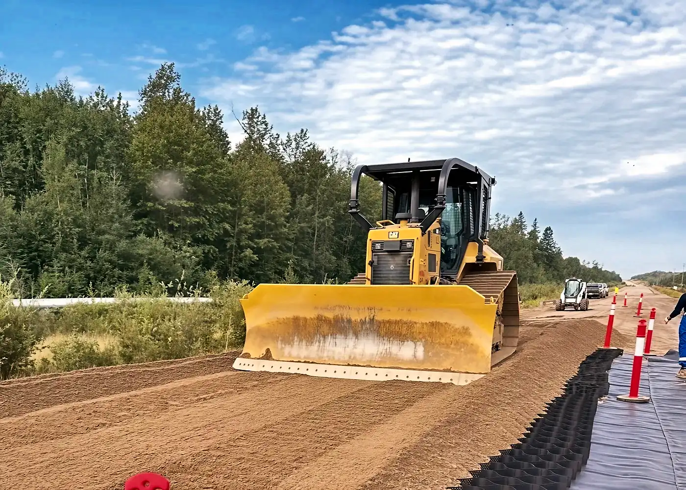 Dozer grading a road over geocell
